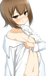 Rule 34 | 1girl, blush, breasts, brown eyes, brown hair, closed mouth, commentary, dress shirt, embarrassed, frown, girls und panzer, highres, long sleeves, looking at viewer, medium breasts, medium hair, naked shirt, navel, nishizumi maho, off shoulder, open clothes, open shirt, rebirth42000, shirt, short hair, sideboob, simple background, solo, undressing, white background