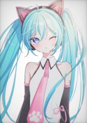 Rule 34 | 1girl, animal ear hairband, animal ears, aqua eyes, aqua hair, blurry, cat ear hairband, cat ears, closed mouth, collared shirt, detached sleeves, fake animal ears, hairband, hatsune miku, long hair, looking at viewer, matsuri (mi93ku r), necktie, one eye closed, paw print, pink necktie, shirt, simple background, solo, tattoo, twintails, upper body, vocaloid, white background, white shirt