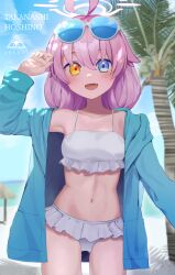Rule 34 | 1girl, :d, absurdres, ahoge, arm up, beach, bikini, bikini skirt, blue-tinted eyewear, blue archive, blue eyes, blue jacket, blush, breasts, character name, collarbone, cowboy shot, eyewear on head, fang, frilled bikini, frills, hair between eyes, halo, heterochromia, highres, hood, hood down, hooded jacket, hoshino (blue archive), hoshino (swimsuit) (blue archive), jacket, long hair, long sleeves, looking at viewer, low twintails, mishio (misio 40), navel, ocean, official alternate costume, open clothes, open jacket, open mouth, outdoors, palm tree, pink halo, revision, skin fang, small breasts, smile, solo, standing, sunglasses, swimsuit, tinted eyewear, tree, twintails, white-framed eyewear, white bikini, yellow eyes