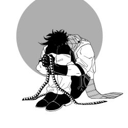 Rule 34 | 1boy, battle tendency, boots, fingerless gloves, frs635, gloves, greyscale, head down, highres, holding, holding ribbon, hugging own legs, jacket, jojo no kimyou na bouken, joseph joestar, joseph joestar (young), knee boots, leg warmers, male focus, messy hair, monochrome, ribbon, scarf, solo, spiked hair, striped clothes, striped scarf, triangle print