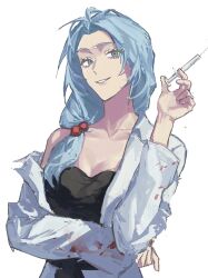 Rule 34 | 1girl, absurdres, aqua eyes, black tank top, blood, blood on clothes, blue hair, breasts, cleavage, enomoto noa, highres, holding, holding syringe, iuew, lab coat, large breasts, long hair, long sleeves, low ponytail, parted bangs, saibou shinkyoku, side ponytail, simple background, smile, solo, syringe, tank top, upper body, white background