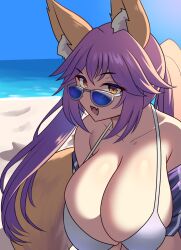 Rule 34 | 1girl, animal ear fluff, animal ears, beach, bikini, breasts, cleavage, collarbone, fang, fate/grand order, fate (series), fox ears, fox girl, fox tail, highres, huge breasts, jifuwabe, long hair, looking at viewer, ocean, open mouth, outdoors, pink hair, sand, skin fang, solo, split ponytail, sunglasses, swimsuit, tail, tamamo (fate), tamamo no mae (fate/extra), yellow eyes
