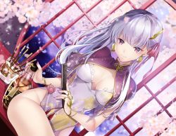 Rule 34 | 1girl, akatsuki hijiri, alcohol, breasts, cherry blossoms, china dress, chinese clothes, dress, earrings, fate/grand order, fate (series), folded fan, folding fan, food, glass, hair ribbon, hand fan, highres, jewelry, kama (fate), lace trim, long hair, looking at viewer, pelvic curtain, pocky, red eyes, ribbon, silver hair, smile, solo, thighs