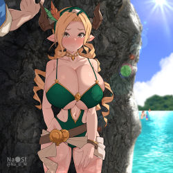 Rule 34 | 1girl, bare shoulders, blonde hair, blush, bracelet, breasts, brown eyes, choker, cleavage, cloud, draph, drill hair, gold choker, granblue fantasy, green one-piece swimsuit, horns, huge breasts, jewelry, long hair, maria theresa (granblue fantasy), nanashi maru, navel, one-piece swimsuit, outdoors, quad drills, rock, sidelocks, sun, swimsuit, water