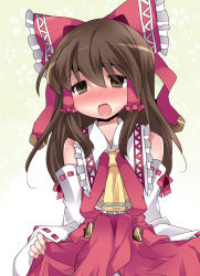 Rule 34 | 1girl, ascot, bare shoulders, blush, bow, brown eyes, brown hair, clothes lift, commentary request, detached sleeves, empty eyes, hair bow, hair tubes, hakurei reimu, hammer (sunset beach), highres, lifting own clothes, long hair, looking at viewer, open mouth, skirt, skirt lift, solo, touhou, wide sleeves