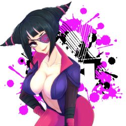 Rule 34 | 1girl, alternate costume, black hair, bodysuit, breasts, capcom, center opening, cleavage, drill hair, eyepatch, han juri, large breasts, leaning forward, looking at viewer, navel, open mouth, purple eyes, ri yuka-shi, short twintails, smile, solo, standing, street fighter, street fighter v, transparent background, twin drills, twintails, unzipped