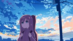Rule 34 | 1girl, absurdres, blue eyes, blue sky, bocchi the rock!, cloud, day, gotoh hitori, hair between eyes, hands up, highres, holding strap, instrument case, jacket, long hair, looking away, meito (maze), one side up, outdoors, parted lips, pink hair, pink jacket, power lines, sky, solo, track jacket, upper body, utility pole