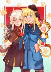 Rule 34 | 2girls, :d, ahoge, animal ears, animal hands, black dress, blue capelet, blue eyes, blue jacket, blush, brown headwear, capelet, collar, cowboy shot, dog ears, dog girl, dog tail, dress, fangs, fate (series), grey background, highres, jacket, layered sleeves, long hair, long sleeves, lord el-melloi ii case files, multiple girls, olga marie animusphere, open mouth, orange eyes, pantyhose, red background, red collar, reines el-melloi archisorte, short over long sleeves, short sleeves, smile, tail, tanxi mei piqi, teeth, tiger ears, tiger girl, tiger paws, tiger tail, upper teeth only, white hair