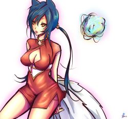 Rule 34 | 1girl, ahri (league of legends), animal ears, artist request, breasts, china dress, chinese clothes, cleavage, dress, female focus, league of legends, md5 mismatch, multiple tails, parted lips, resized, solo, tail, yellow eyes