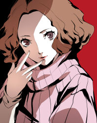 Rule 34 | 1girl, absurdres, brown eyes, brown hair, highres, lips, long sleeves, looking at viewer, official style, okumura haru, persona, persona 5, pertex 777, pink sweater, short hair, smile, sweater, turtleneck, turtleneck sweater, two-tone, w