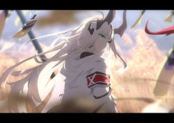 Rule 34 | 1girl, aqua eyes, arknights, armband, back, blurry, chinese commentary, commentary, cowboy shot, dadijiji, day, depth of field, dragon horns, earrings, from behind, highres, hood, hooded jacket, horns, jacket, jewelry, letterboxed, long hair, looking at viewer, looking back, outdoors, reed (arknights), silver hair, solo, talisman, wheat field, white jacket, wind
