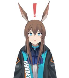 Rule 34 | !, 1girl, :p, absurdres, amiya (arknights), animal ears, arknights, ascot, black jacket, blue ascot, blue collar, blue eyes, brown hair, clothes writing, collar, gar32, hair between eyes, highres, jacket, jewelry, long hair, looking at viewer, neck ring, open clothes, open jacket, rabbit ears, rabbit girl, shirt, sidelocks, simple background, solo, straight-on, tongue, tongue out, upper body, white background, white shirt