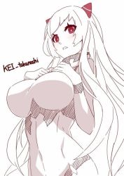 Rule 34 | 10s, 1girl, abyssal ship, airfield princess, blush, breast suppress, breasts, horns, kantai collection, large breasts, lineart, long hair, monochrome, red eyes, simple background, solo, spot color, standing, takanashie, twitter username, very long hair, white background, white hair
