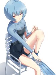 Rule 34 | 1girl, absurdres, adjusting footwear, ayanami rei, black wetsuit, blue hair, bodysuit, breasts, chair, commission, diving suit, feet on chair, flippers, highres, knee up, legs, looking at viewer, neon genesis evangelion, pixiv commission, red eyes, short hair, sitting, small breasts, solo, springsuit, strap, tsutarou, two-tone bodysuit, wetsuit, white background