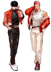 Rule 34 | 2boys, black eyes, black hair, full body, hand in pocket, highres, jacket, jewelry, looking at viewer, male focus, multiple boys, nbss sd, necklace, open clothes, open jacket, red hair, rukawa kaede, sakuragi hanamichi, short hair, simple background, single off shoulder, slam dunk (series), smile, white background