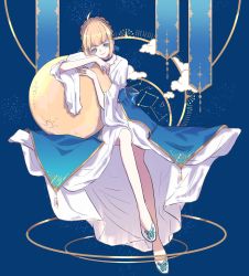 Rule 34 | 1girl, ahoge, alternate costume, artoria pendragon (fate), bare legs, blonde hair, blue background, blue ribbon, braid, choker, constellation print, crown braid, fate/stay night, fate (series), french braid, green eyes, highres, leaning on object, legs, long legs, looking at viewer, ribbon, roku (ntbr fate), smile, solo, white footwear