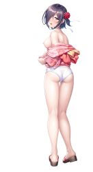Rule 34 | 1girl, absurdres, alternate costume, ass, black hair, blush, breasts, flower, full body, hair over one eye, highres, japanese clothes, kimono, lilith-soft, medium breasts, nipples, official alternate costume, official art, purple eyes, sandals, sano toshihide, shishimura koro, short hair, simple background, solo, standing, taimanin (series), taimanin asagi, taimanin rpgx, underwear, white background