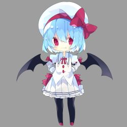 Rule 34 | 1girl, bat wings, black pantyhose, blue hair, bow, chibi, commentary request, fang, fang out, full body, grey background, hat, hat bow, highres, long sleeves, looking at viewer, nikorashi-ka, pantyhose, pleated skirt, puffy sleeves, red bow, red eyes, red footwear, red neckwear, remilia scarlet, shirt, short hair, simple background, skirt, smile, solo, touhou, white hat, white shirt, white skirt, wings