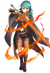 Rule 34 | absurdres, belt, blue eyes, blue hair, bodice, byleth (female) (fire emblem), byleth (fire emblem), cape, clothing cutout, dagger, fire, fire emblem, fire emblem: three houses, flaming sword, flaming weapon, highres, inarin (user tgfg4783), knife, midriff, navel, navel cutout, nintendo, pantyhose, pantyhose under shorts, patterned legwear, print pantyhose, shorts, simple background, sword of the creator, vambraces, weapon, white background