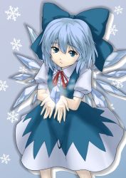 Rule 34 | 1girl, abo (hechouchou), blue eyes, blue hair, bow, cirno, face, floating, floating object, hair bow, hair ribbon, highres, ice, looking up, matching hair/eyes, open hands, ribbon, simple background, snowflakes, solo, touhou, wings