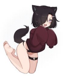 Rule 34 | 1girl, :d, animal ears, black hair, black panties, borrowed character, fang, full body, hair over one eye, highres, long sleeves, looking at viewer, no pants, nyaivie, open clothes, open mouth, original, panties, red sweater, short hair, skin fang, sleeves past fingers, sleeves past wrists, smile, sweater, tail, thigh strap, underwear