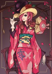 Rule 34 | 1girl, alternate costume, animal, blue eyes, branch, breasts, chair, curly eyebrow, flower, gloves, hair over one eye, hat, hat ornament, holding, holding umbrella, japanese clothes, kimono, large breasts, lips, lipstick, long sleeves, makeup, obi, one piece, patterned clothing, pink hair, pink kimono, pink lips, sash, sherumaru (korcht06), sidelocks, solo, standing, table, umbrella, vinsmoke reiju, white gloves, wide sleeves