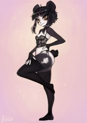 Rule 34 | 1girl, :3, absurdres, animal ears, black hair, black skin, black thighhighs, blunt bangs, bra, closed mouth, colored skin, commission, eyeshadow, from side, full body, furry, furry female, highres, lace, lace bra, looking at viewer, looking to the side, makeup, matilda fiship, multicolored skin, navel, original, panda ears, panda girl, panties, side-tie panties, signature, smile, solo, standing, standing on one leg, thighhighs, two-tone skin, underwear, white skin, yellow eyes