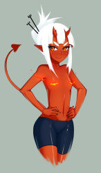 Rule 34 | &gt;:), 1girl, bike shorts, black shorts, blush, closed mouth, colored skin, cowboy shot, cropped legs, demon girl, demon horns, demon tail, eyebrows, fang, fang out, female focus, fire, flat chest, folded ponytail, grey background, groin, hair ornament, hairpin, hands on own hips, highres, horns, kuso otoko, looking at viewer, navel, orange eyes, original, pasties, pointy ears, red skin, short hair with long locks, shorts, simple background, slit pupils, smile, solo, tail, thick eyebrows, v-shaped eyebrows, white hair
