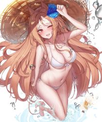 Rule 34 | 1girl, ;d, absurdres, archetto (arknights), arknights, bikini, blue flower, breasts, brown hair, brown hat, cleavage, flower, hair flower, hair ornament, hat, highres, large breasts, lilac (k32420276), long hair, looking at viewer, one eye closed, open mouth, red eyes, smile, solo, swimsuit, teeth, upper teeth only, very long hair, water drop, white background, white bikini