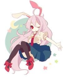 Rule 34 | 1girl, animal ears, bad id, bad twitter id, carrot, crescent moon, daizu (melon-lemon), high heels, long hair, moon, necktie, one eye closed, outstretched arm, purple hair, rabbit ears, red eyes, reisen udongein inaba, simple background, skirt, solo, thighhighs, touhou, very long hair