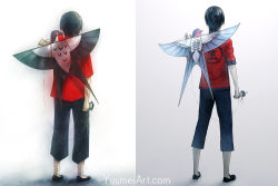 Rule 34 | 1boy, black hair, chinese clothes, comparison, from behind, full body, kite, knite, multiple views, simple background, standing, white background, yuumei