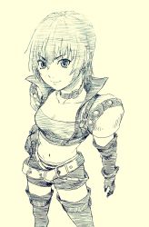 Rule 34 | 1girl, belt, breasts, cleavage, collar, cropped jacket, from above, gloves, hand on own hip, highres, lee (dragon garou), looking at viewer, midriff, monochrome, namco, navel, nib pen (medium), rutee katrea, short hair, short shorts, shorts, shoulder pads, small breasts, smile, solo, tales of (series), tales of destiny, thighhighs, traditional media