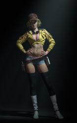 Rule 34 | 1girl, 3d, absurdres, black thighhighs, blonde hair, boots, bra, breasts, cidney aurum, cleavage, cropped jacket, dark background, denim, denim shorts, final fantasy, final fantasy xv, full body, goggles, goggles around neck, hands on own hips, hat, highres, looking at viewer, luo qi sheng, midriff, navel, photorealistic, pink bra, realistic, short hair, short shorts, shorts, smile, solo, square enix, standing, thighhighs, toned, tool belt, underwear, white footwear