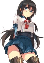 Rule 34 | 10s, 1girl, arms behind back, black hair, black panties, blue eyes, brown thighhighs, glasses, hairband, kantai collection, long hair, looking at viewer, ooyodo (kancolle), open mouth, panties, pantyshot, school uniform, senbei (senbe i), serafuku, skirt, solo, swimsuit, swimsuit under clothes, thighhighs, underwear, upskirt, white background