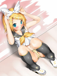 Rule 34 | 1girl, blastbeat, blonde hair, blue eyes, blush, bow, hair bow, hair ornament, hairclip, highres, kagamine rin, leg warmers, looking at viewer, navel, no pants, panties, partially visible vulva, sitting, solo, striped clothes, striped panties, underwear, vocaloid