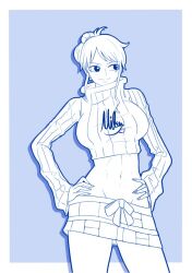 Rule 34 | 1girl, cropped sweater, hands on own hips, lineart, midriff, mifenami, miniskirt, nami (one piece), one piece, skirt
