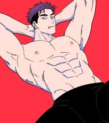 Rule 34 | 1boy, :q, abs, armpits, balnom, bara, ear piercing, highres, large pectorals, lying, male focus, mature male, muscular, muscular male, navel, nipples, on back, original, pectorals, piercing, purple hair, short hair, solo, spread legs, stomach, thick eyebrows, tongue, tongue out, topless male, v-taper