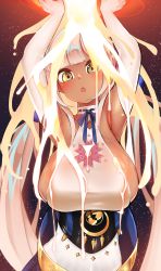 Rule 34 | 1girl, armpits, arms up, backless outfit, blonde hair, blue ribbon, blunt bangs, breasts, cream, dark-skinned female, dark skin, elbow gloves, gloves, hair ornament, halterneck, highres, hololive, hololive english, huge breasts, large breasts, long hair, looking at viewer, miniskirt, open mouth, pingqiong xiansheng, planet hair ornament, ribbon, sideboob, skirt, solo, space, star (sky), starry sky print, tsukumo sana, tsukumo sana (1st costume), twintails, very long hair, virtual youtuber, white gloves, white skirt, yellow eyes