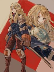 Rule 34 | 1girl, agrias oaks, armor, blonde hair, blue cape, blue shirt, boots, braid, brown eyes, brown footwear, brown gloves, brown pants, cape, elbow pads, feet out of frame, final fantasy, final fantasy tactics, gloves, highres, holding, holding sword, holding weapon, knee boots, knee pads, long sleeves, looking at viewer, looking back, multiple views, nocoyaki, pants, red background, shirt, shoulder armor, sidelocks, swept bangs, sword, upper body, weapon