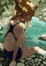 Rule 34 | 1girl, back, back cutout, bad id, bad twitter id, clothing cutout, fang, horns, ibuki suika, inactive account, looking at viewer, looking back, nishiuri, one-piece swimsuit, open mouth, orange hair, partially submerged, pointy ears, red eyes, sitting, slit pupils, smile, solo, swimsuit, touhou, tree shade, water, wet