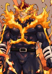 Rule 34 | 1boy, abs, bara, beard, bodysuit, boku no hero academia, bulge, chun (luxtan), cowboy shot, endeavor (boku no hero academia), erection, erection under clothes, facial hair, fire, gloves, highres, large pectorals, looking at viewer, male focus, manly, muscular, mustache, nipples, pectorals, red hair, skin tight, smile, solo, spiked hair, thick thighs, thighs, upper body
