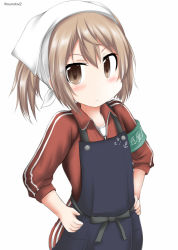 Rule 34 | 1girl, alternate costume, alternate hairstyle, apron, armband, bandana, black apron, brown eyes, commentary request, cowboy shot, green armband, hands on own hips, jacket, kantai collection, light brown hair, looking at viewer, michishio (kancolle), one-hour drawing challenge, ouno (nounai disintegration), pants, red jacket, red pants, simple background, solo, standing, track jacket, track pants, twitter username, white background