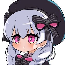 Rule 34 | 1girl, :o, beret, black bow, black hat, blush, bow, braid, commentary request, fate/extra, fate (series), hair between eyes, hat, highres, long hair, looking away, low twintails, nursery rhyme (fate), parted lips, pink eyes, silver hair, simple background, solo, striped, striped bow, twin braids, twintails, upper body, white background, yuya090602