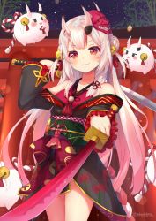 Rule 34 | 1girl, bamboo, collarbone, commentary request, hair between eyes, hair ornament, hololive, horns, japanese clothes, katana, long hair, looking at viewer, mask, nakiri ayame, nakiri ayame (1st costume), night, oni mask, poyoyo (ayame channel), red eyes, silver hair, skin-covered horns, solo, sword, tokoshibyra, torii, virtual youtuber, weapon