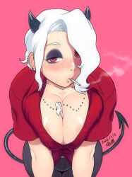 Rule 34 | 1girl, areola slip, black horns, black pants, black tail, blush, breasts, burn scar, cigarette, cleavage, collared shirt, commentary request, cross, cross necklace, dated, demon girl, demon horns, demon tail, earrings, eyeshadow, helltaker, horns, huge breasts, jewelry, leaning forward, lip piercing, looking at viewer, makeup, medium hair, multiple earrings, necklace, nose piercing, pants, partially unbuttoned, piercing, red eyes, red shirt, scar, shirt, short sleeves, signature, simple background, smoking, solo, tail, tsukudani (coke-buta), white hair, zdrada (helltaker)