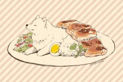 Rule 34 | animal focus, black eyes, closed eyes, dog, egg, fluffy, food, food focus, food request, looking at viewer, meat, mojacookie, no humans, original, oversized food, oversized object, plate, rice, smile, striped, striped background, twitter username, vegetable, white dog