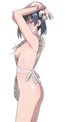Rule 34 | 1girl, ahoge, apron, armpits, arms behind head, arms up, ass, bandage on face, bandages, black nails, blue hair, blush, breasts, bright pupils, earrings, eyelashes, frilled apron, frills, from side, hair between eyes, hair ornament, highres, jewelry, ji-yoon (jourd4n), jourd4n, medium breasts, nail polish, naked apron, one eye closed, original, red eyes, sideboob, skull hair ornament, twintails, white pupils