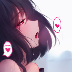 Rule 34 | 1girl, bare shoulders, black hair, black shirt, close-up, crying, crying with eyes open, head tilt, heart, highres, horns, open mouth, original, profile, red eyes, red horns, shimmer, shirt, short hair, simple background, solo, spoken heart, tears, white background