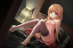 Rule 34 | 1girl, bad id, bad pixiv id, bed, bed sheet, bedroom, black panties, blonde hair, blush, breasts, camisole, grey thighhighs, indoors, ishibashi, lamp, long hair, nipples, open mouth, original, panties, pillow, see-through, sitting, small breasts, solo, tears, thighhighs, underwear, yellow eyes