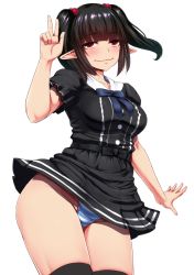 Rule 34 | 1girl, black dress, black hair, black thighhighs, blush, breasts, dress, elf, ishimiso (ishimura), original, panties, pointy ears, red eyes, simple background, smile, solo, striped clothes, striped panties, thighhighs, twintails, underwear, v, white background